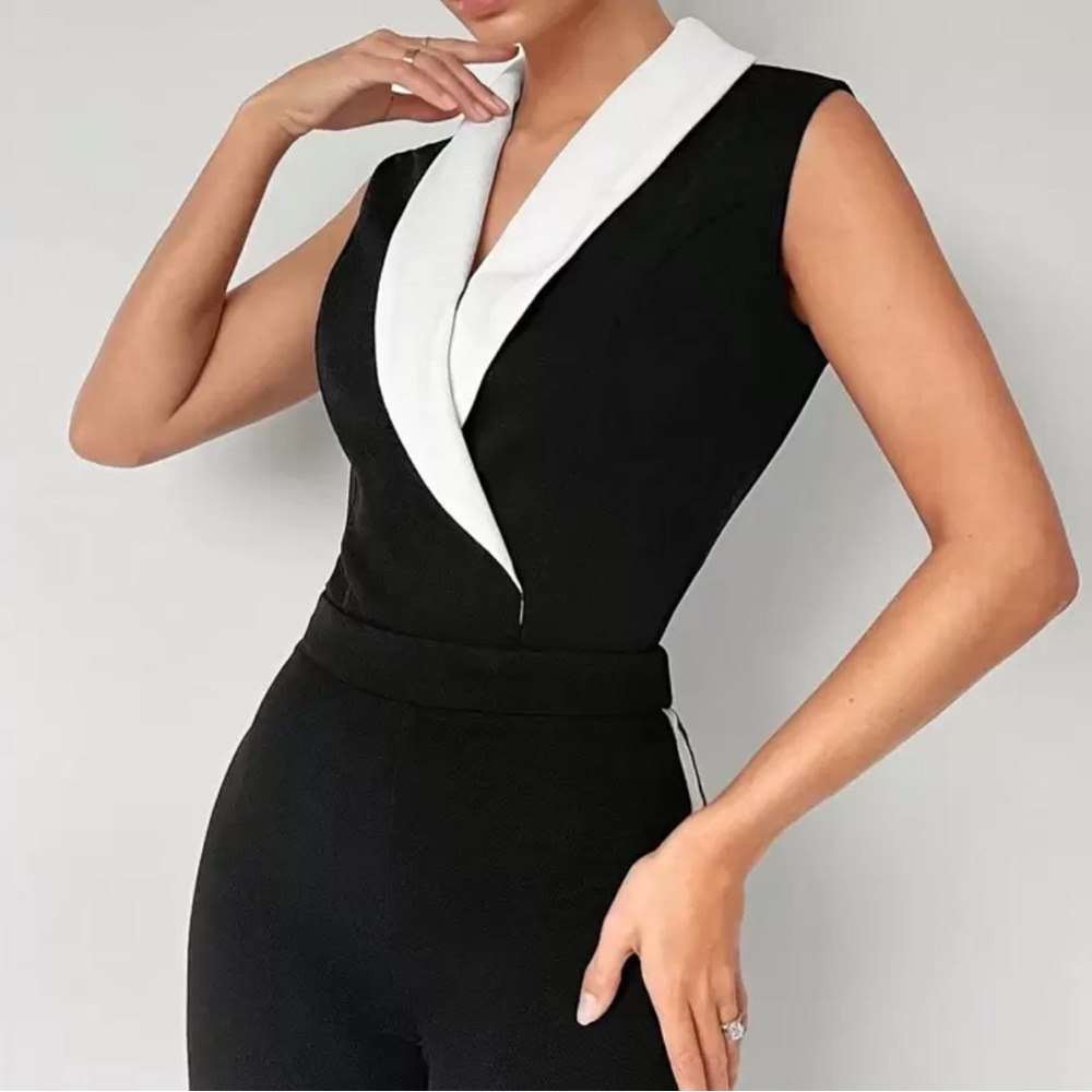BIZCHIC Sleeveless Bodysuit | Black w/ White Draped Shawl Collar | Medium | NIP - Picture 4 of 7